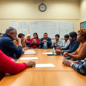 Community members gathered in a meeting discussing school leadership issues.
