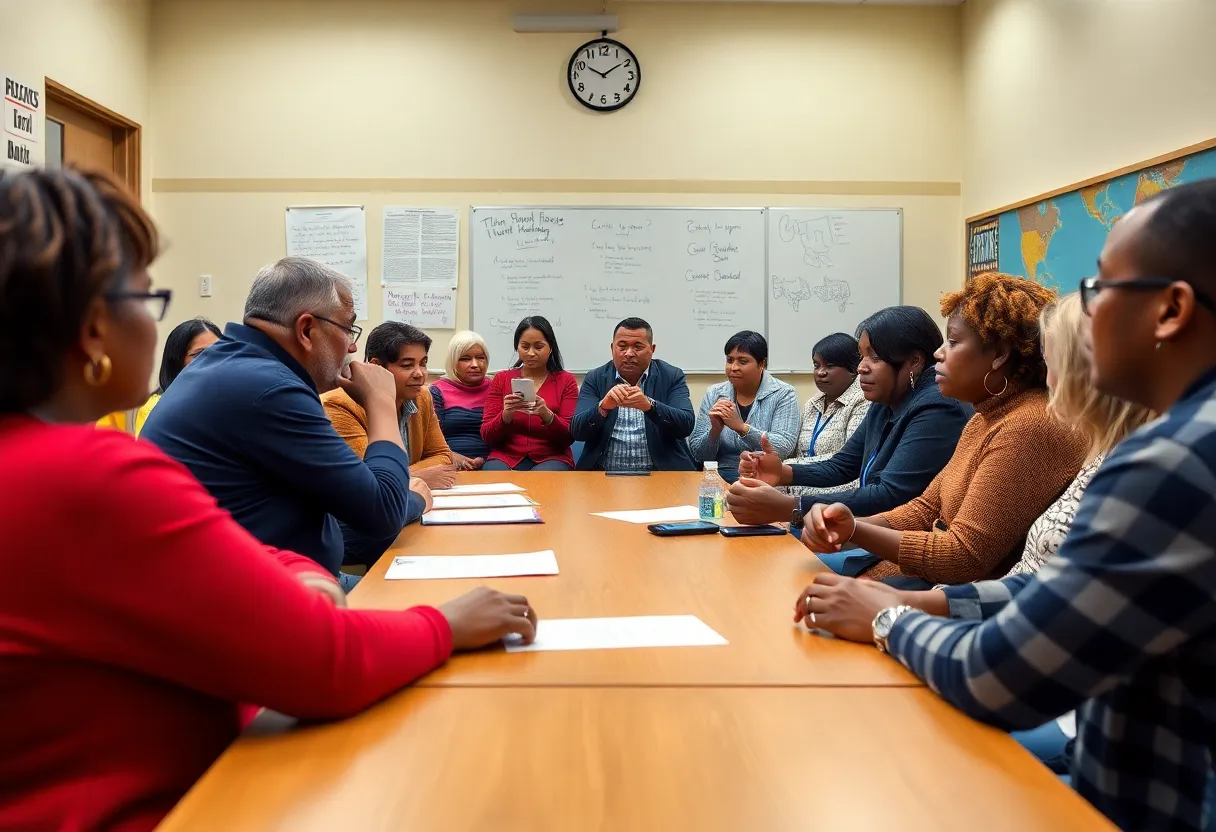 Community members gathered in a meeting discussing school leadership issues.