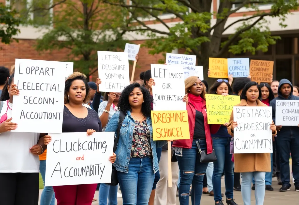 Community members hold signs supporting educational leadership outside a school.