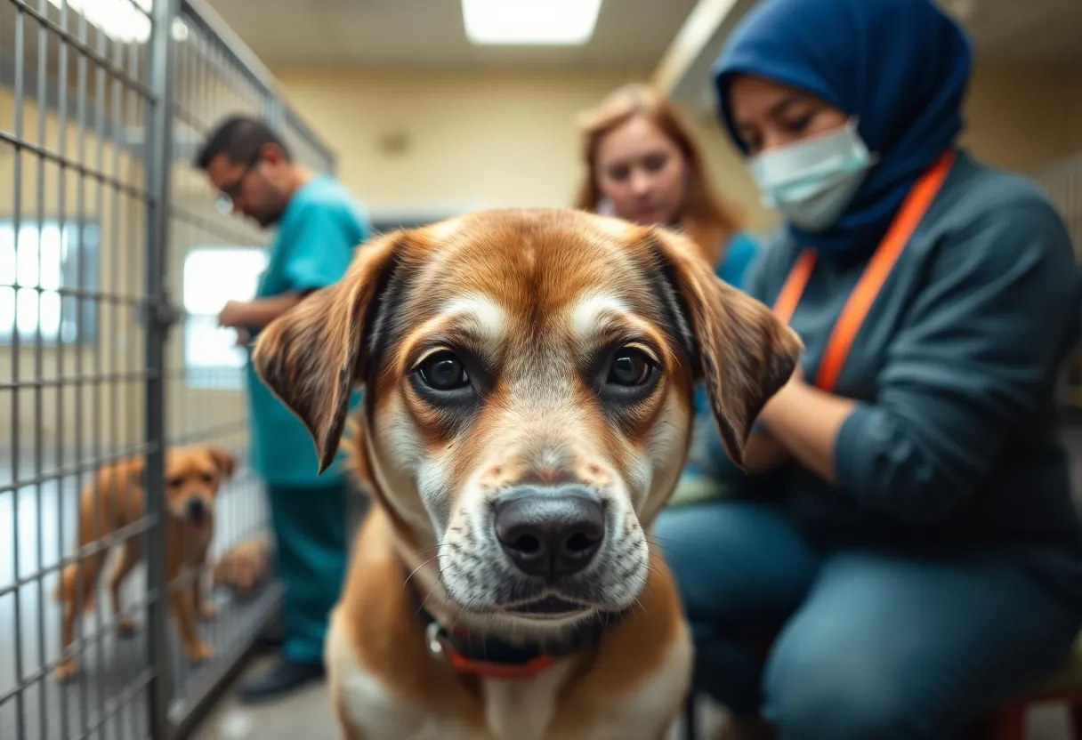 Dog in shelter with staff members