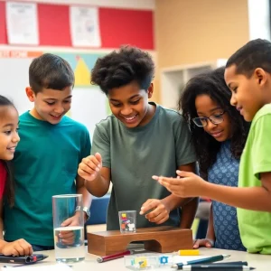 Group of diverse students collaborating on a STEM project