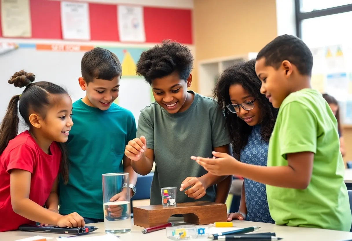 Group of diverse students collaborating on a STEM project