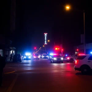 Somber night scene in downtown Memphis with police presence