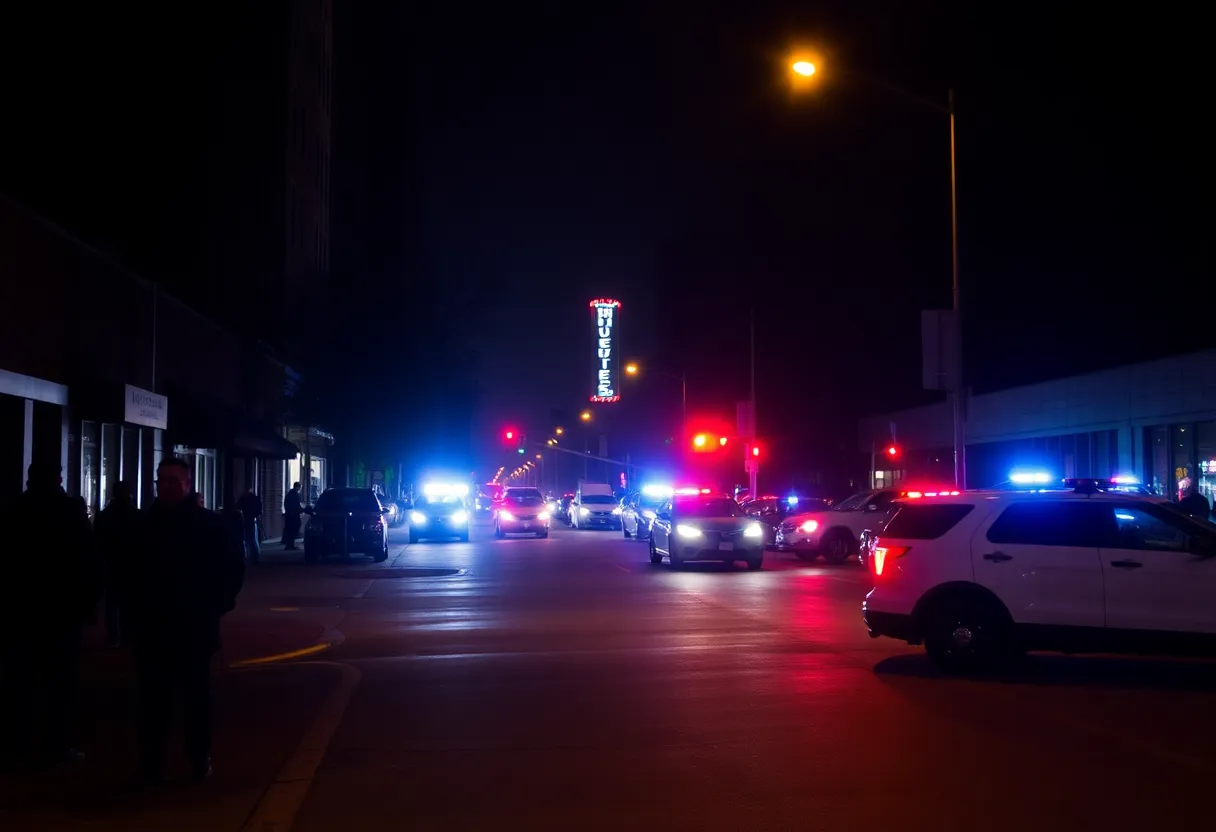 Somber night scene in downtown Memphis with police presence