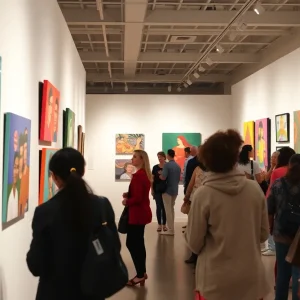 Art exhibition dedicated to Floyd E. Newsum Jr. showcasing various artworks.