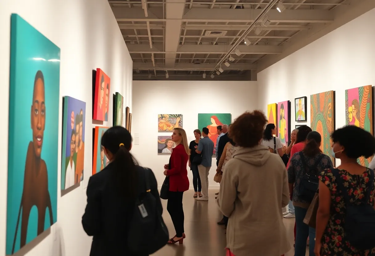 Art exhibition dedicated to Floyd E. Newsum Jr. showcasing various artworks.