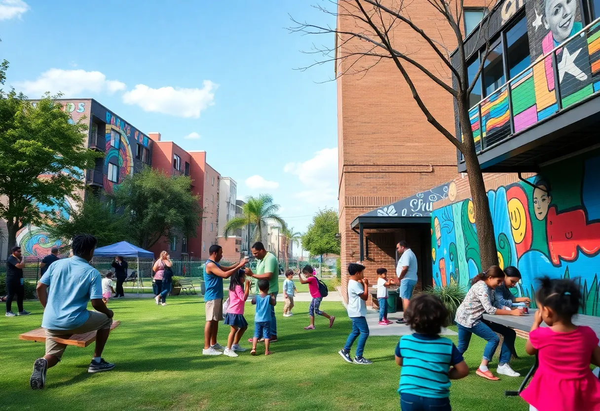 Families enjoying Glenview Park with Children playing and murals