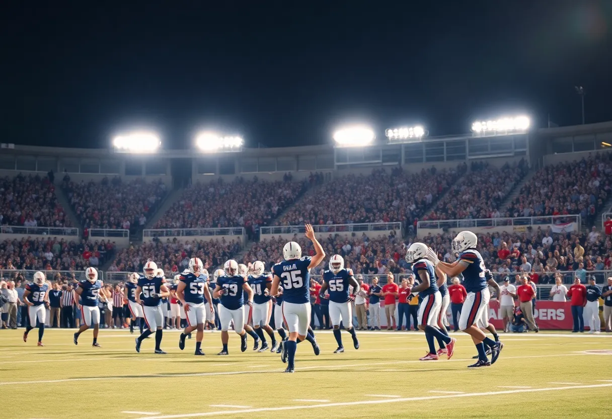 Houston Mustangs football team celebrating a touchdown during a game.