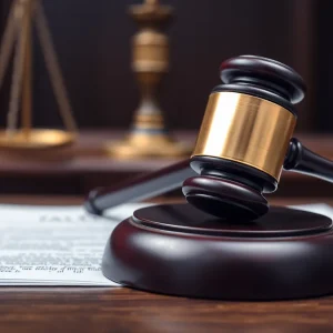 A gavel on a legal document in a courtroom setting.