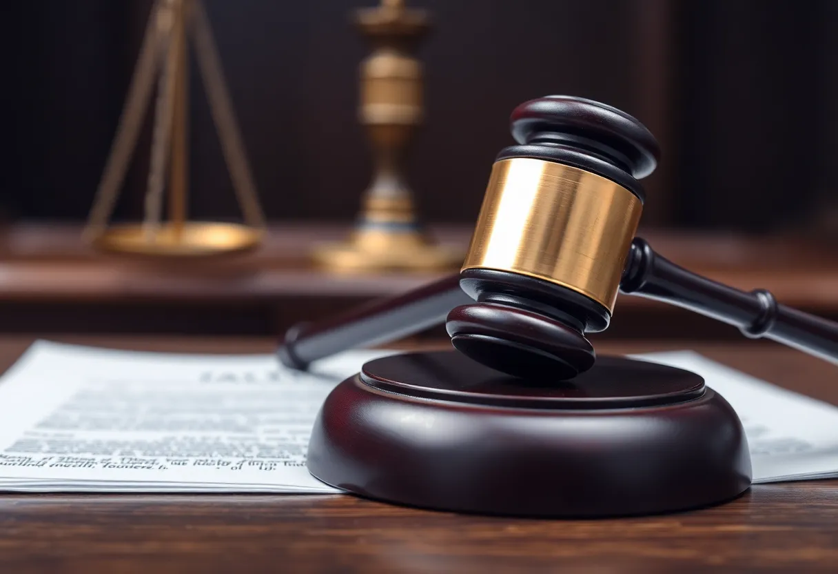 A gavel on a legal document in a courtroom setting.
