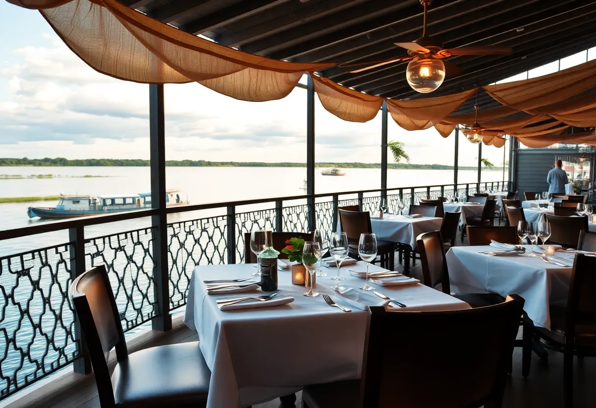 Dining area at Mahogany River Terrace overlooking a river view