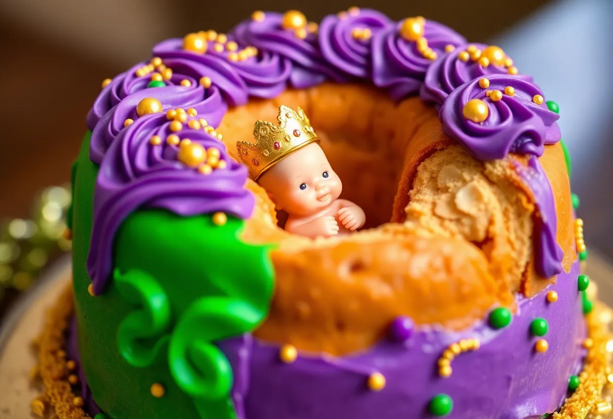 A beautifully decorated King Cake for Mardi Gras featuring traditional colors.