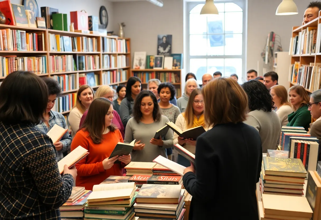 A lively book launch event with people enjoying poetry readings.