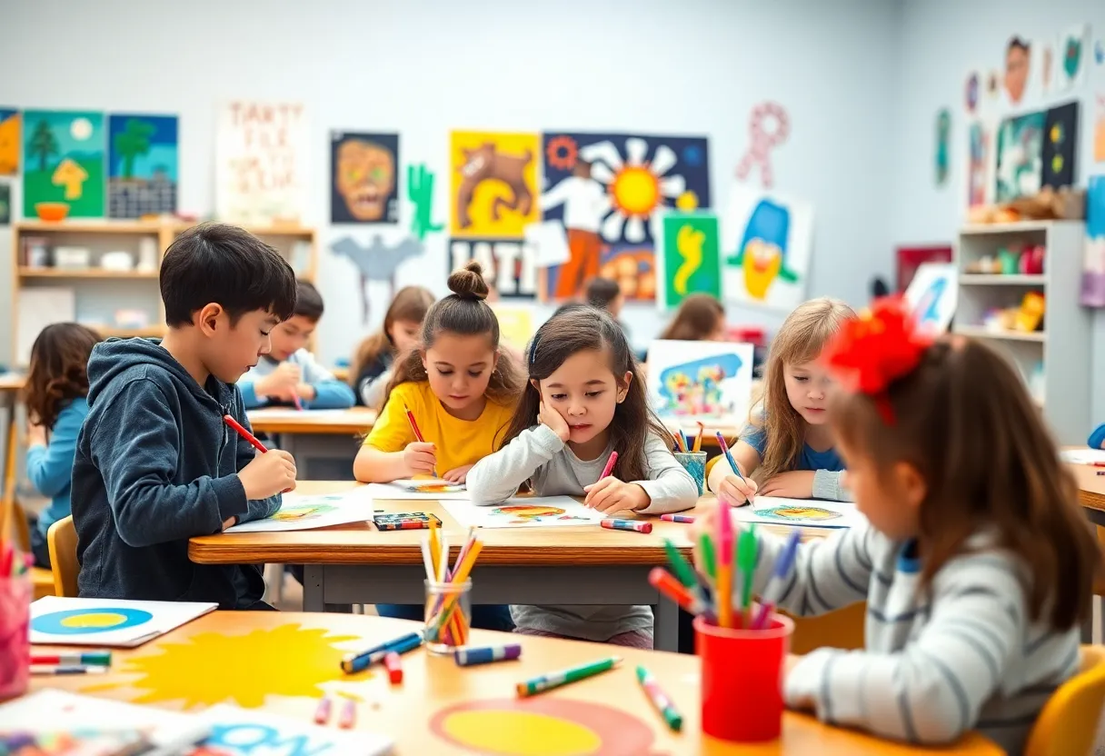 Art students creating vibrant artworks in a classroom