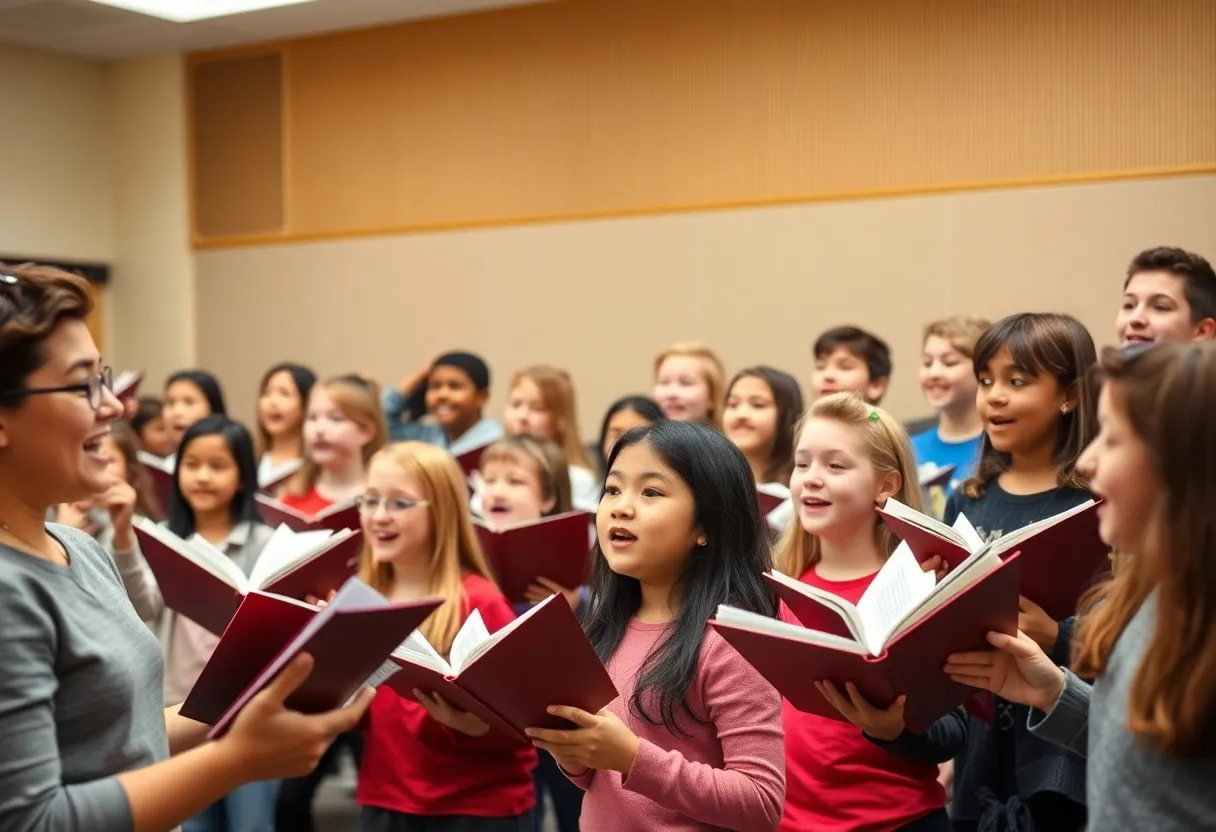 Students participating in a joyful choir rehearsal in a music classroom.