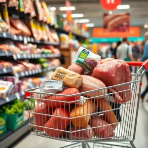 Grocery aisle with a shopping cart filled with meat products at Walmart