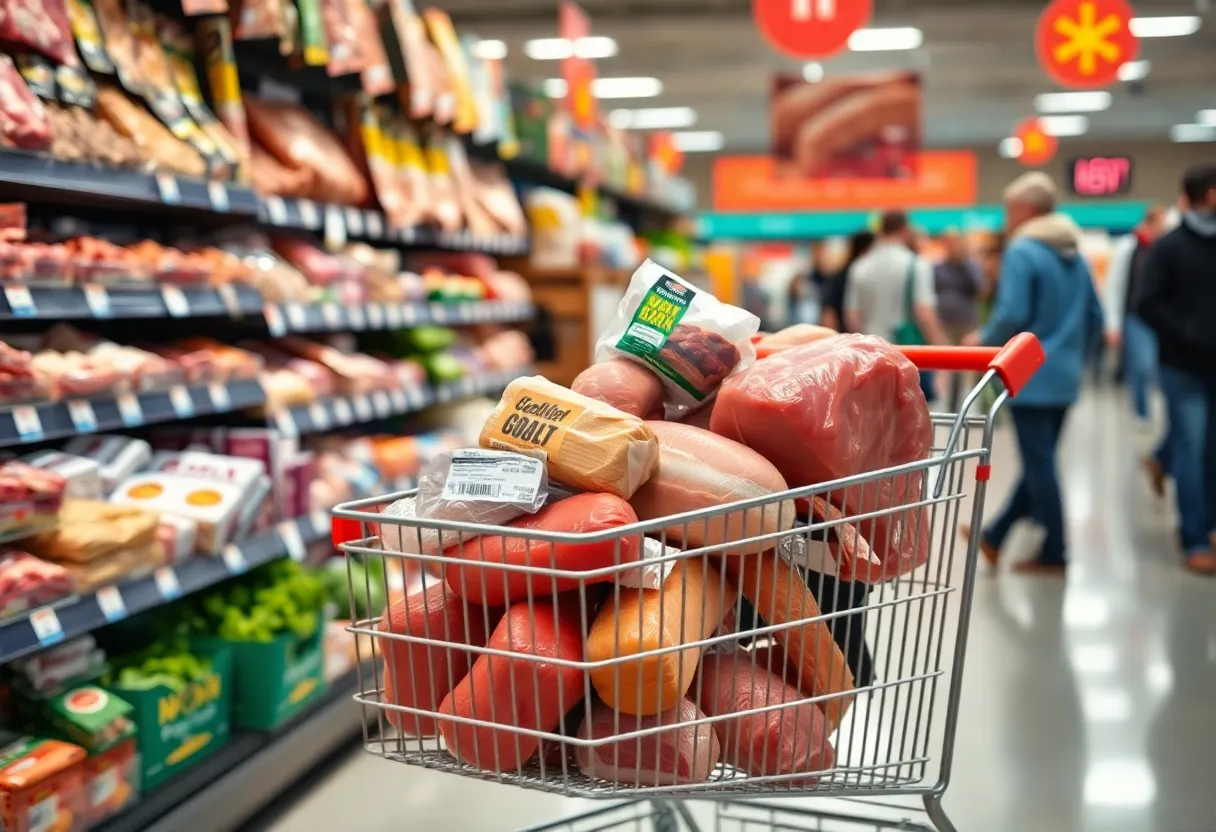 Grocery aisle with a shopping cart filled with meat products at Walmart