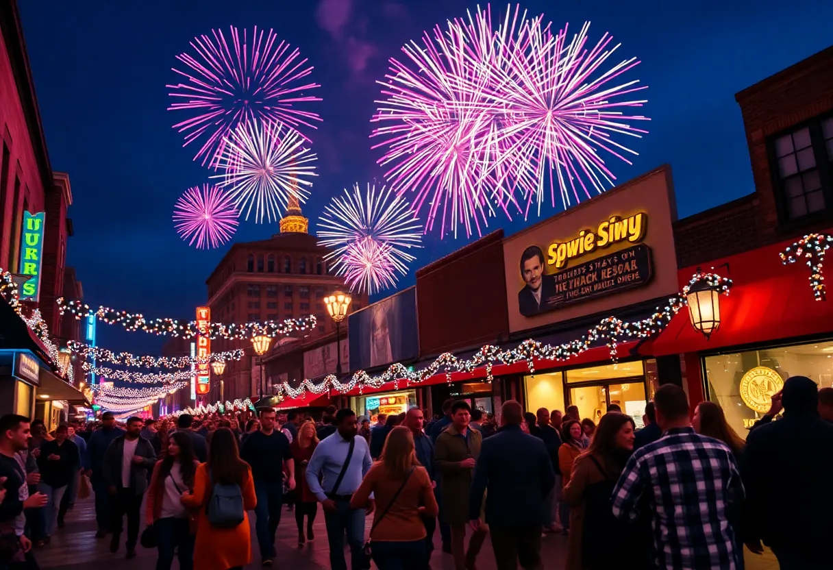 Fireworks over Beale Street during Memphis New Year's Eve celebration.