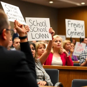 Community members protesting at a school board meeting