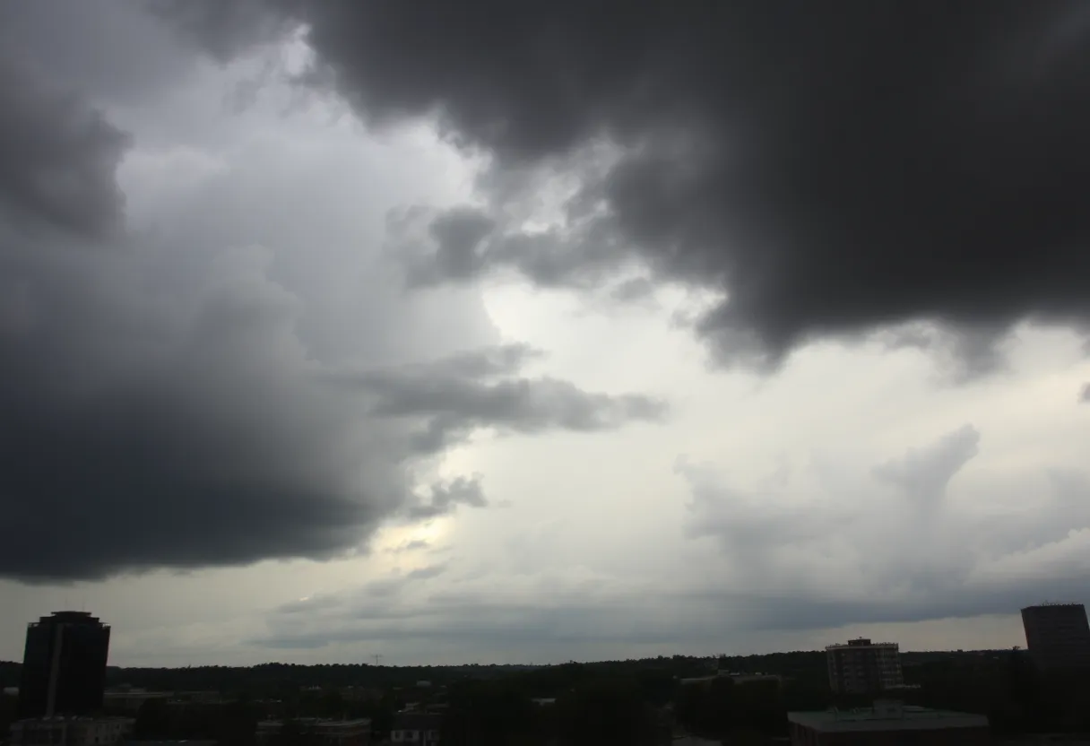 Dark storm clouds over Memphis with heavy rain