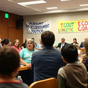 Community members protesting the dismissal of the Memphis superintendent during a school board meeting.