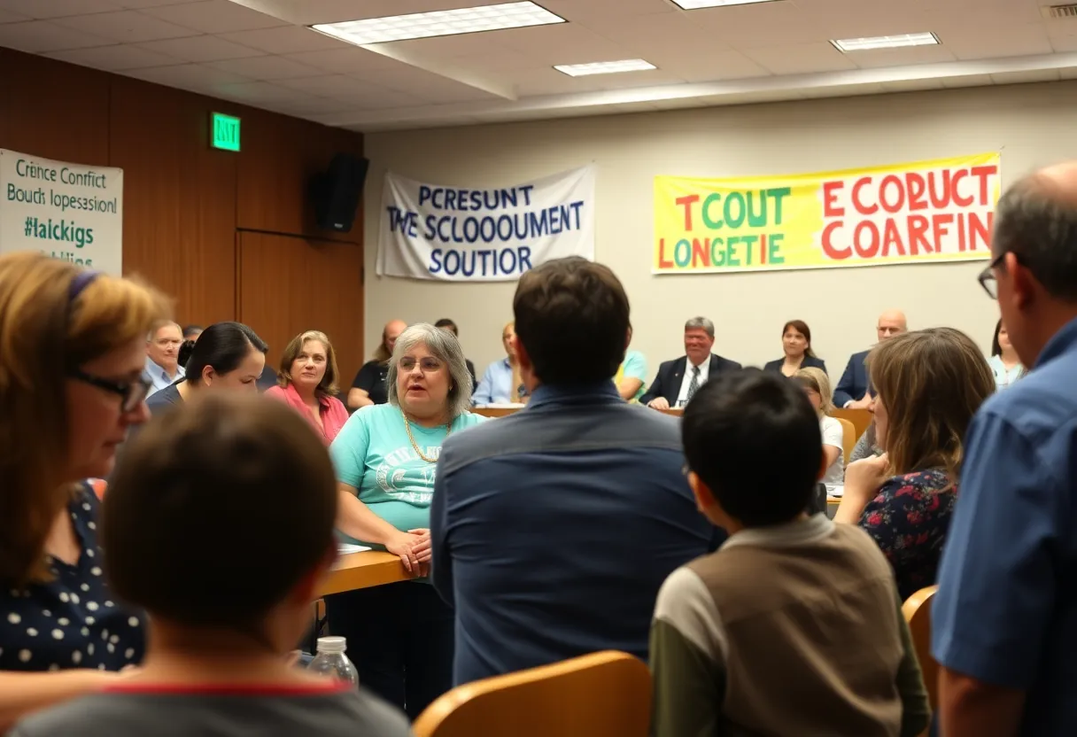 Community members protesting the dismissal of the Memphis superintendent during a school board meeting.