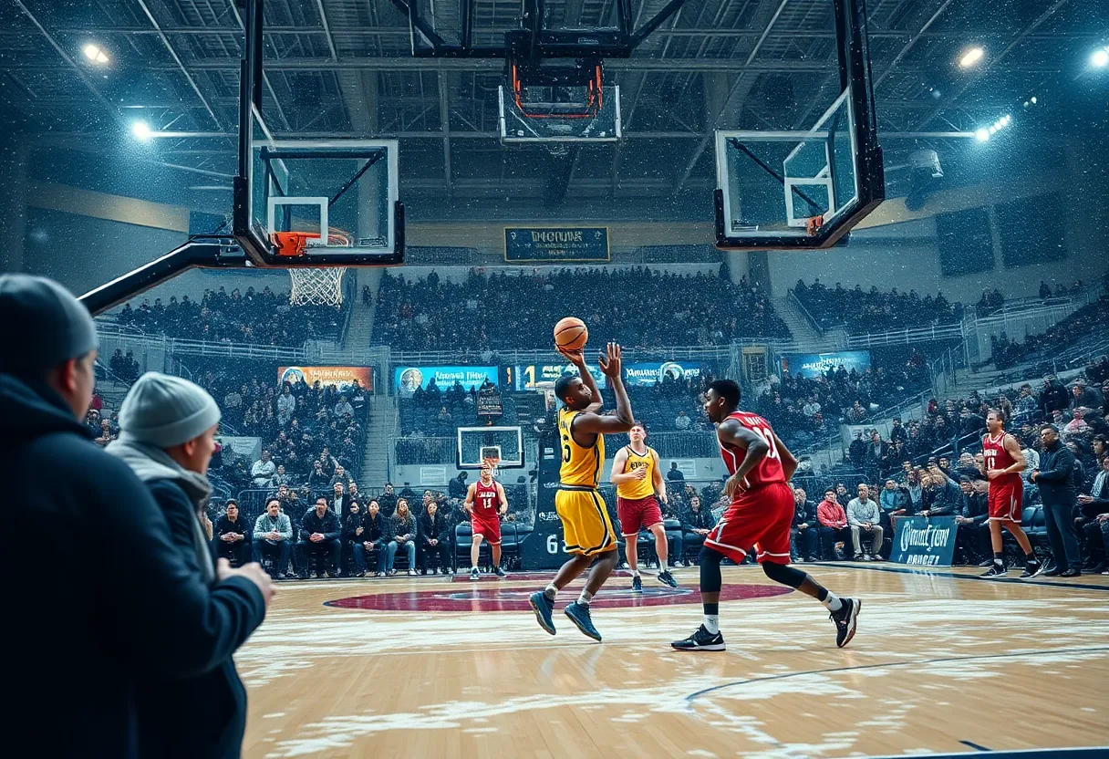 Memphis University Tigers basketball team in action during a snowy game.