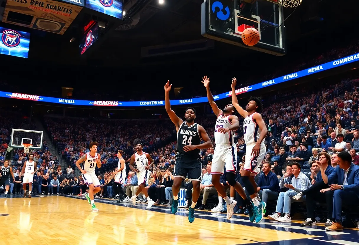 Memphis Tigers displaying teamwork on the basketball court.