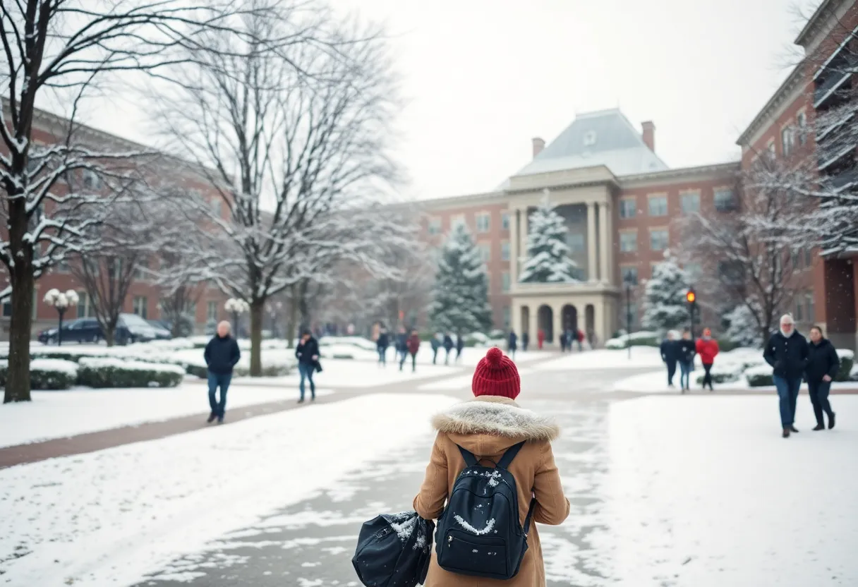 Snowy scene at Memphis University with students in winter attire.