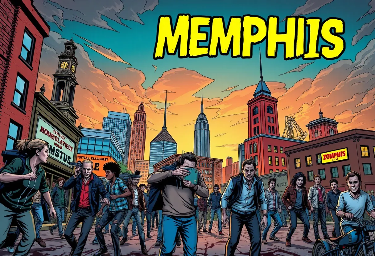 Cover of Memphis vs. Zombies comic book showcasing a zombie invasion in the city.