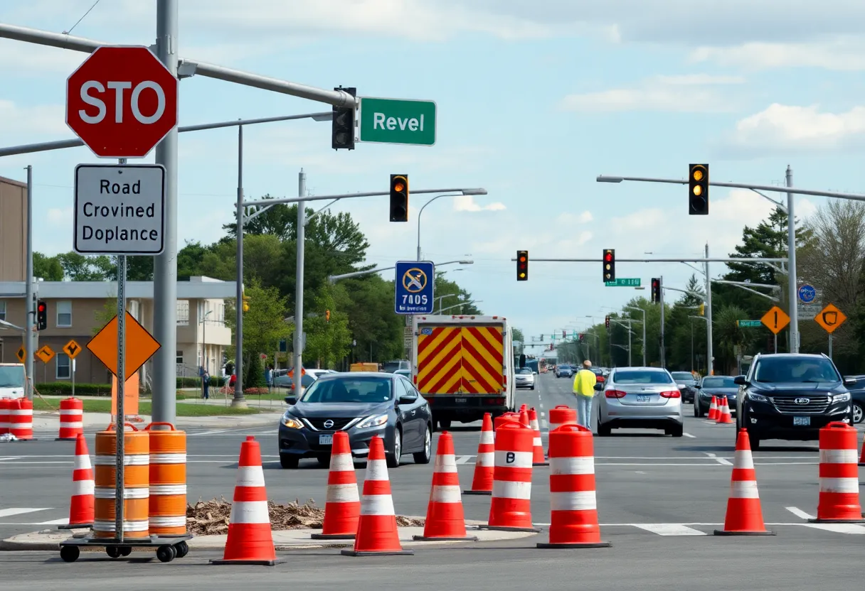 Roadwork signs at a busy Memphis intersection due to water leak repair.