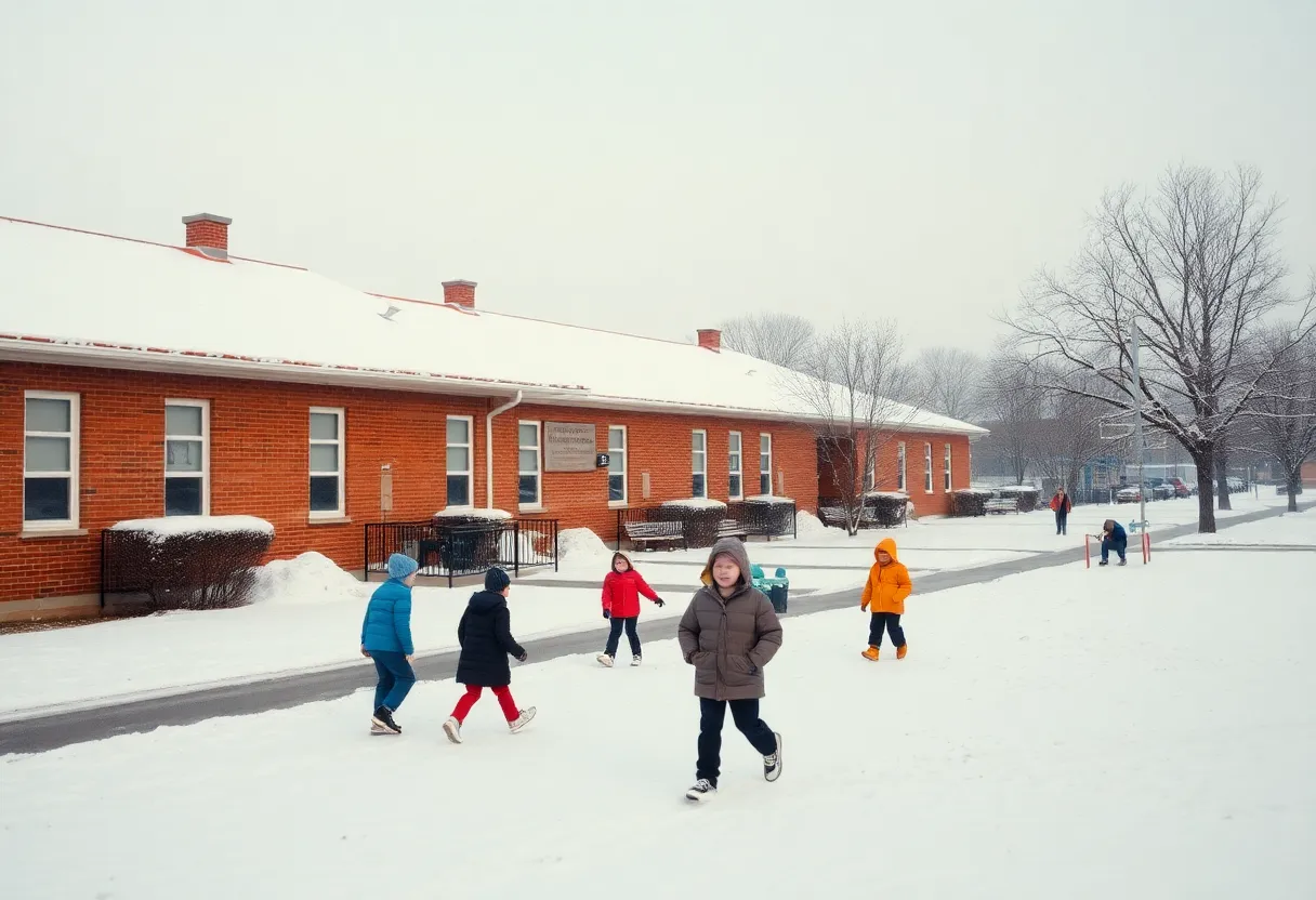 A snowy landscape showing Memphis schools with children playing in the snow