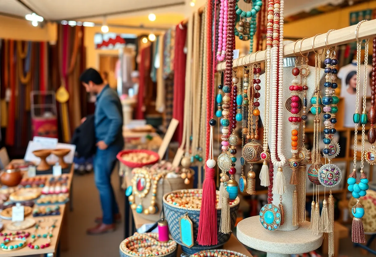 Handcrafted jewelry pieces by Memphis women designers in a vibrant market setting