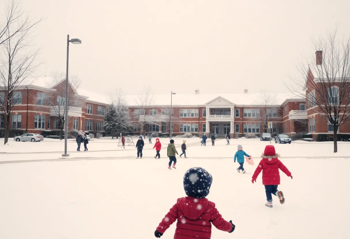 Snow-covered school building in Memphis with children playing outside