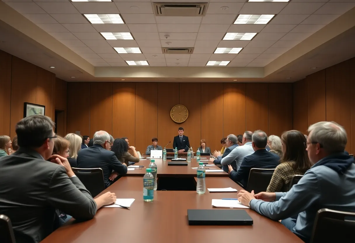 Scene depicting a school board meeting discussion