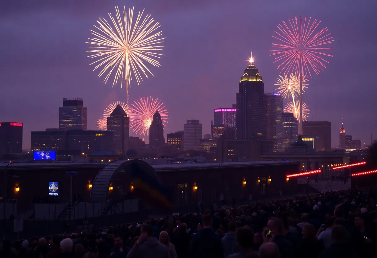 Fireworks over Memphis skyline during New Year's Eve