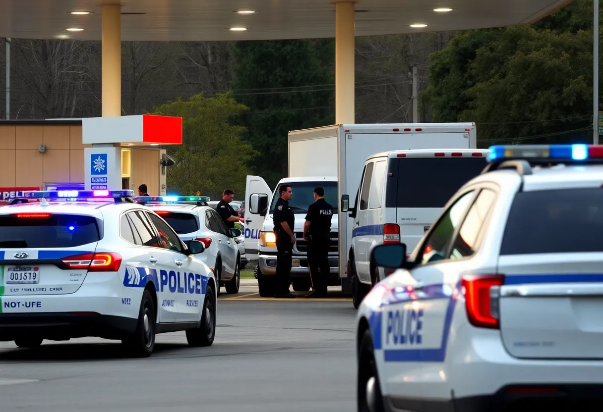 Police vehicles at a gas station after a chase.