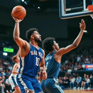 Basketball game featuring a dynamic moment with players and fans.