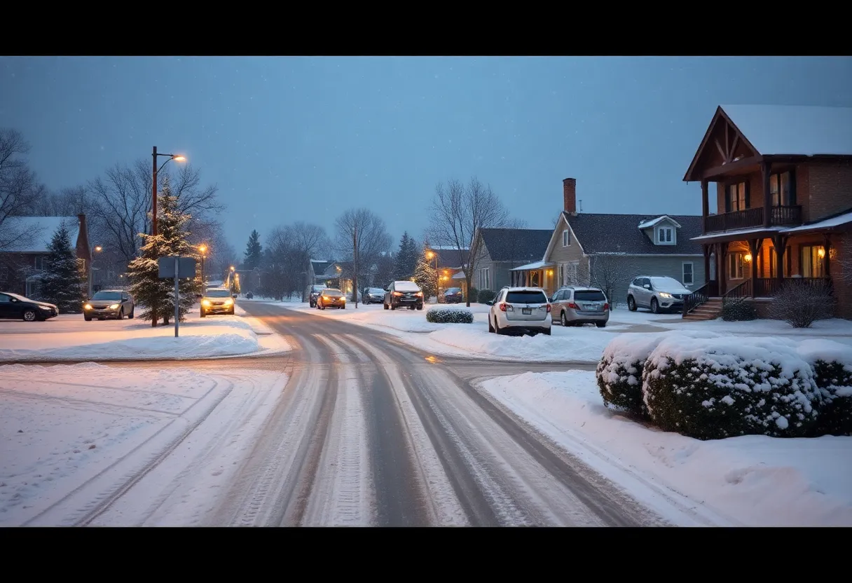 Landscape of Memphis under snow with falling snowflakes