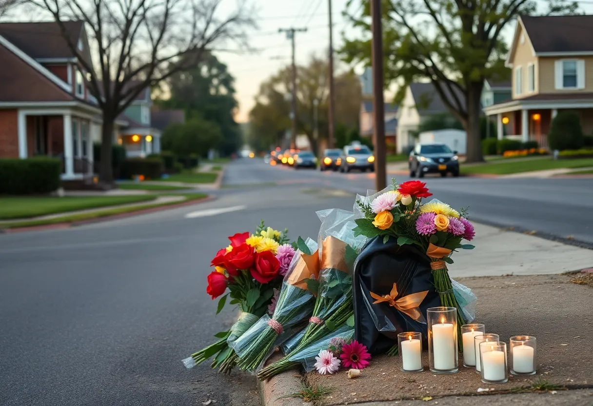 Memorial flowers and candles in a neighborhood street in South Memphis
