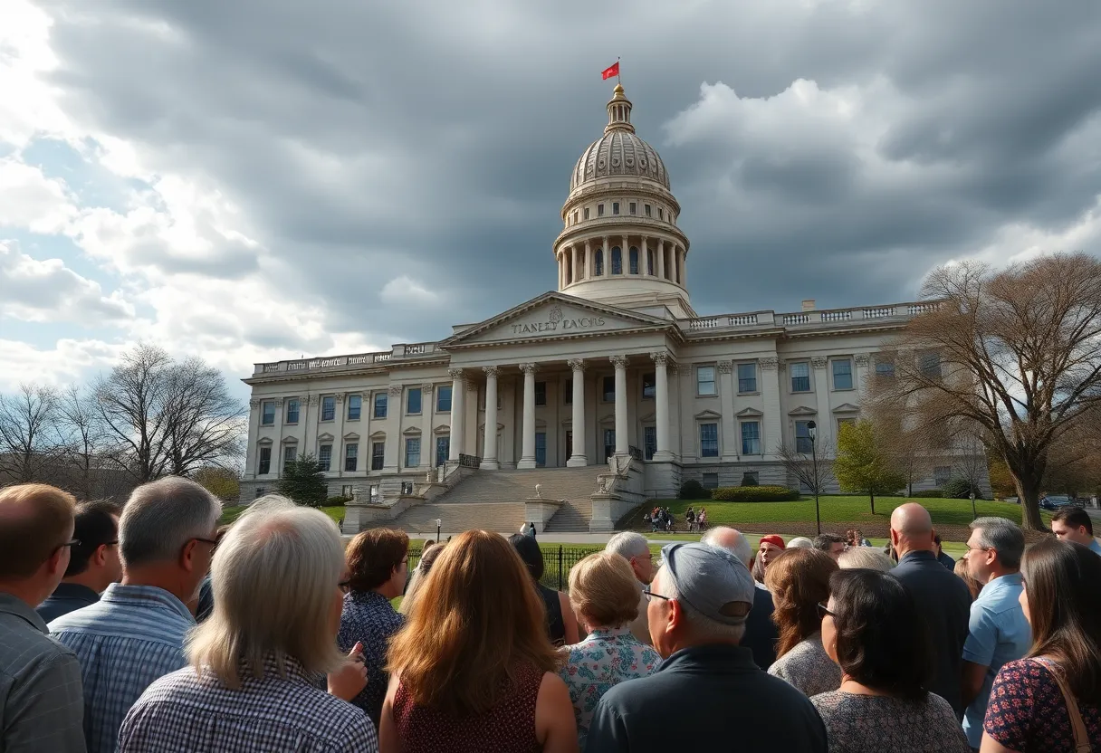 Tennessee State Capitol with citizens discussing local issues