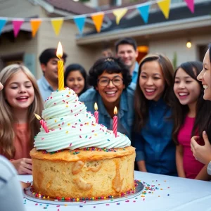 Large cupcake and crowd celebrating T.K. Tanner's birthday