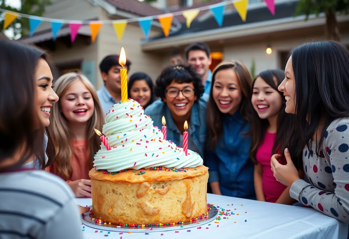 Large cupcake and crowd celebrating T.K. Tanner's birthday