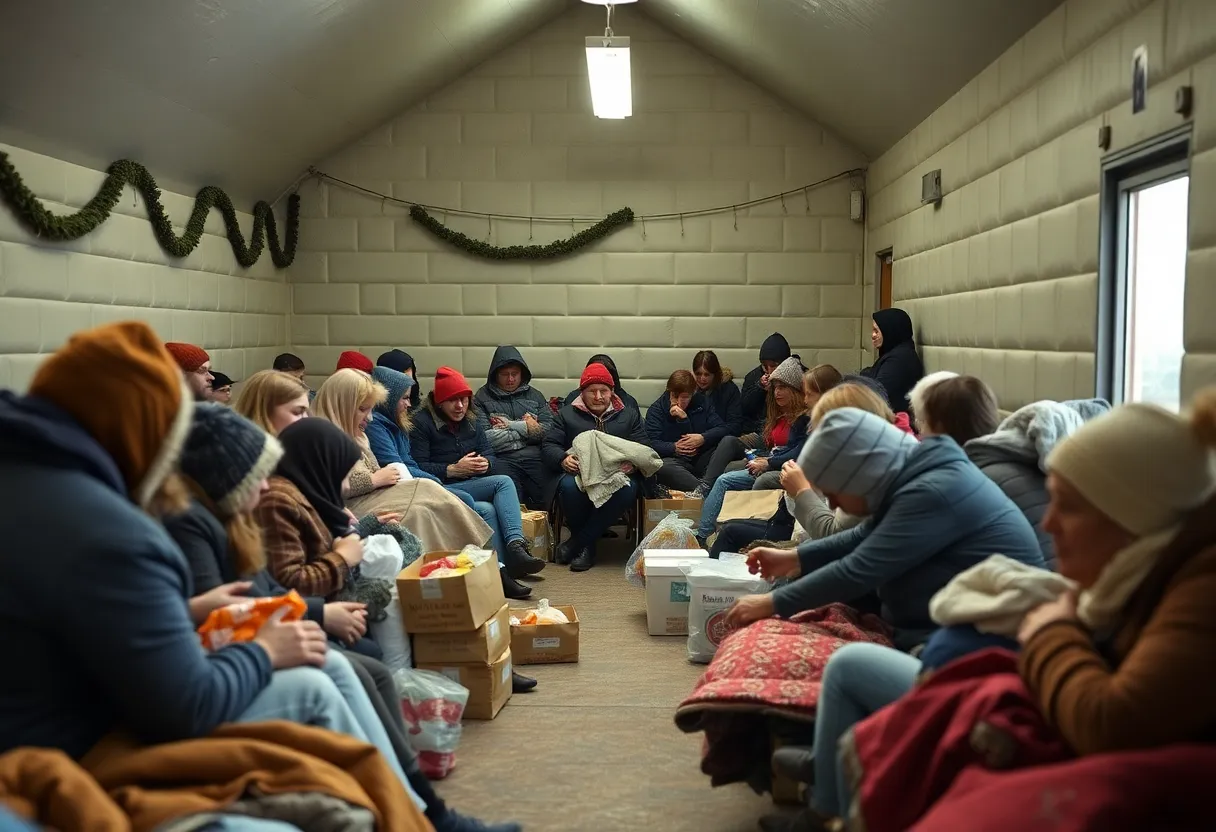 Interior of a warming center in Memphis with people gathered for warmth and support.