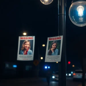 Police lights and missing person poster on a street