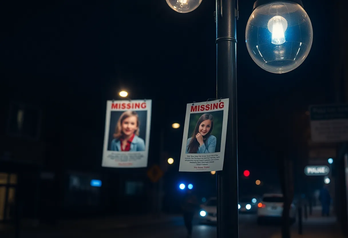 Police lights and missing person poster on a street