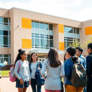 Exterior view of City University School with students outdoors