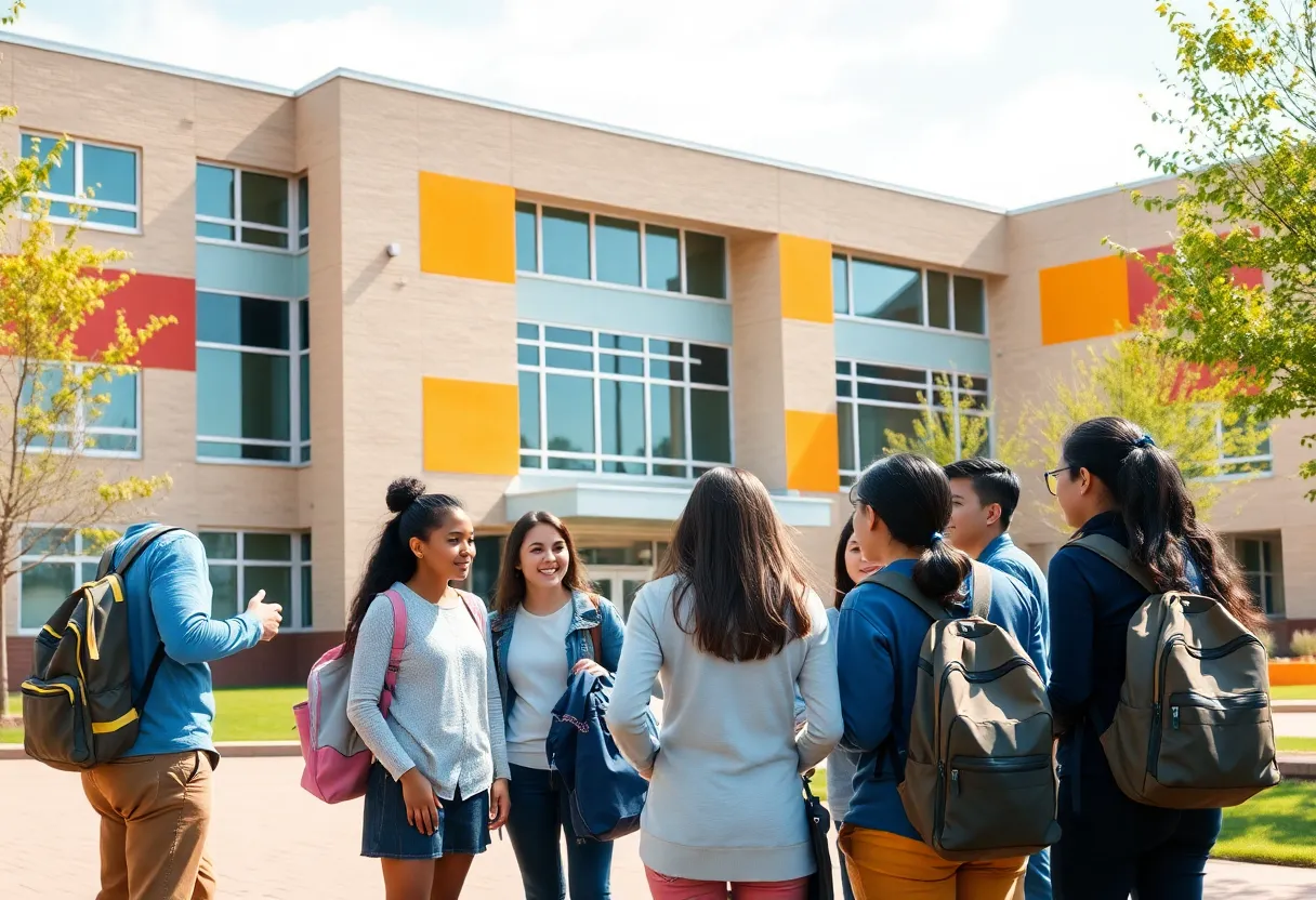 Exterior view of City University School with students outdoors