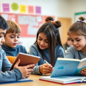 Students engaged in collaborative literacy activities in a classroom