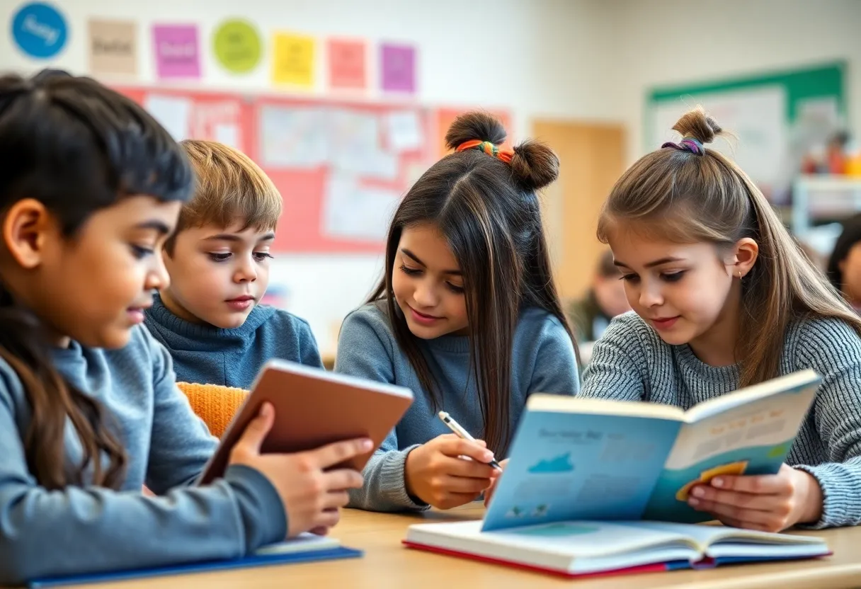 Students engaged in collaborative literacy activities in a classroom